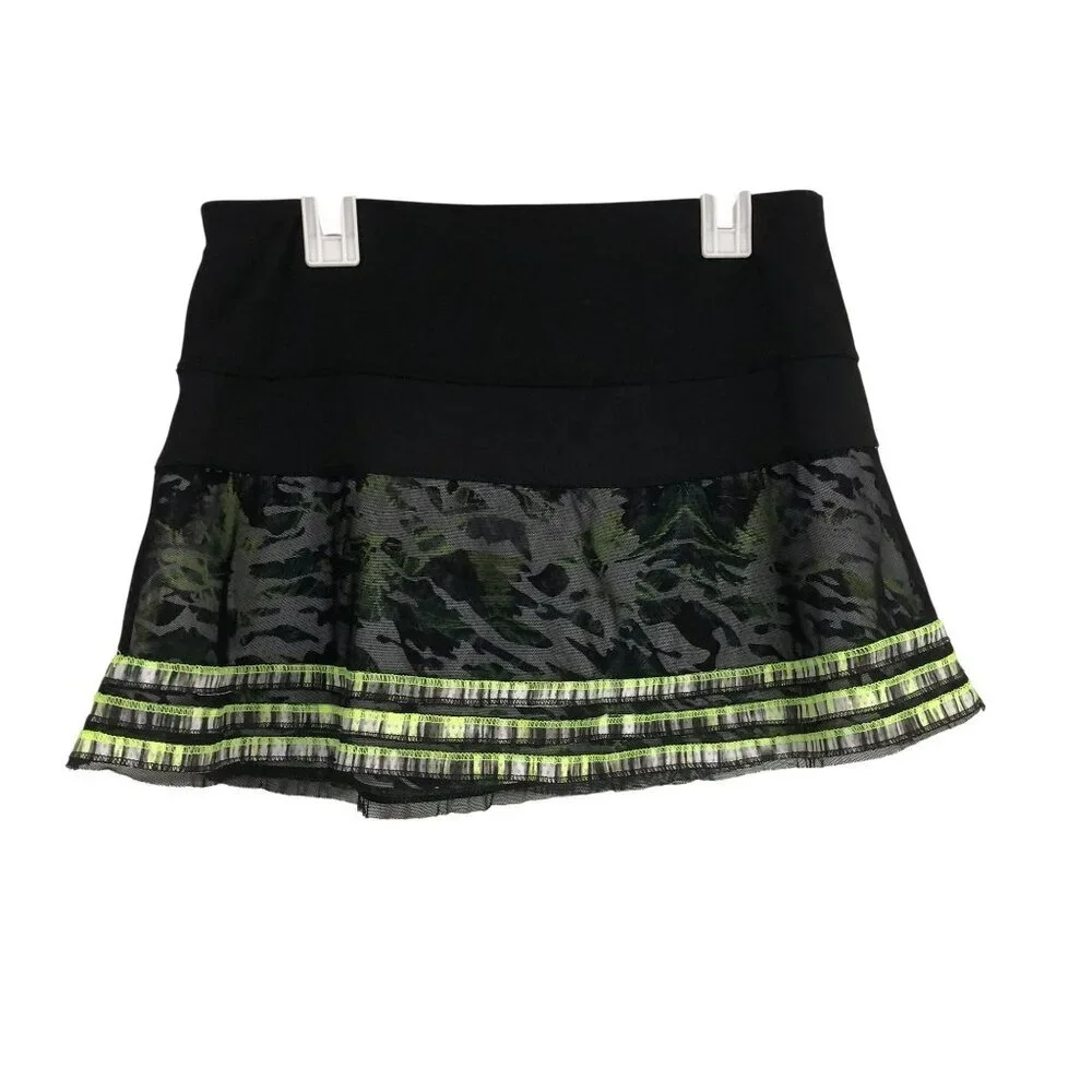 Lucky In Love Tennis Skirt With Shorts Camouflage Pattern Neon Trim Size S Black